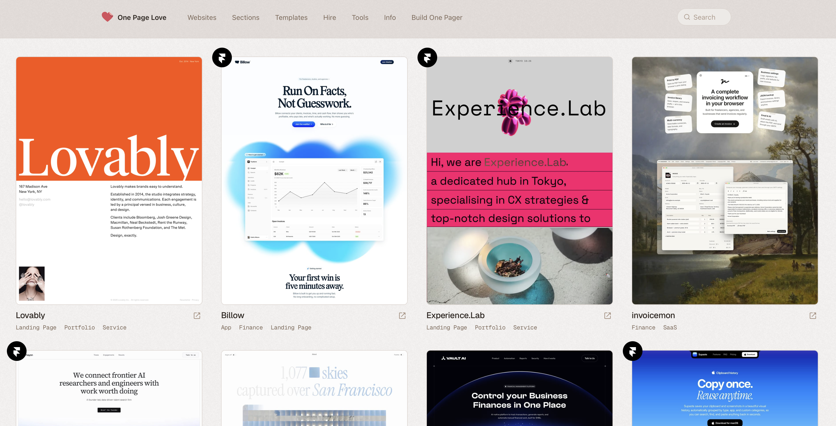 Onepagelove homepage
