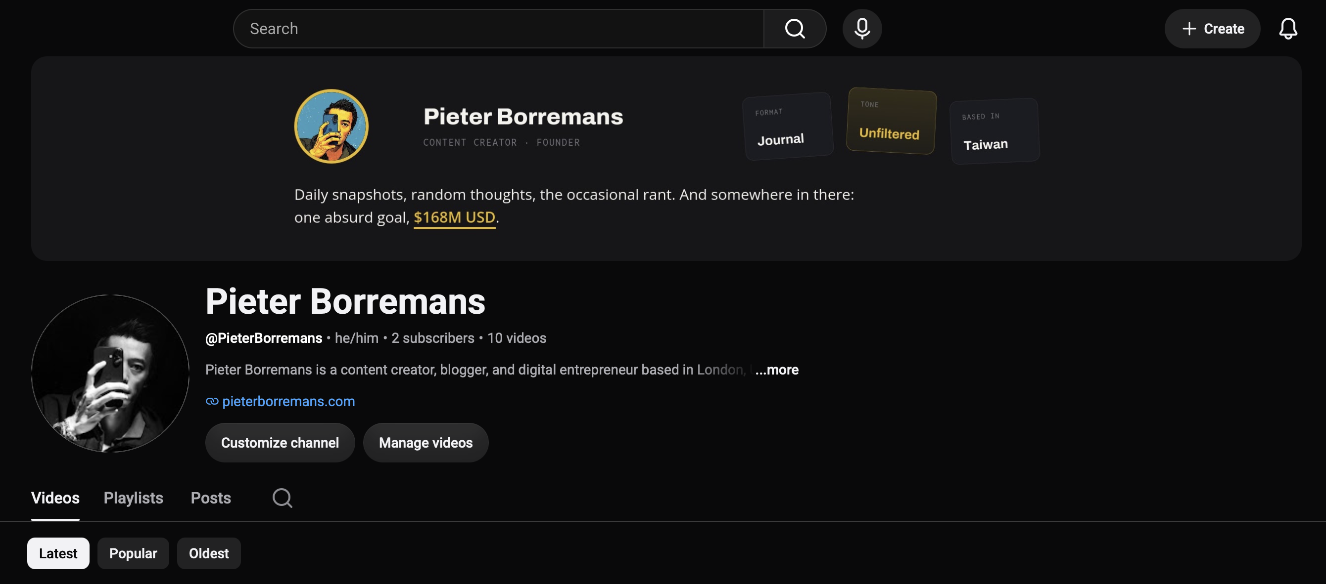 Pieter Borremans YouTube Channel homepage