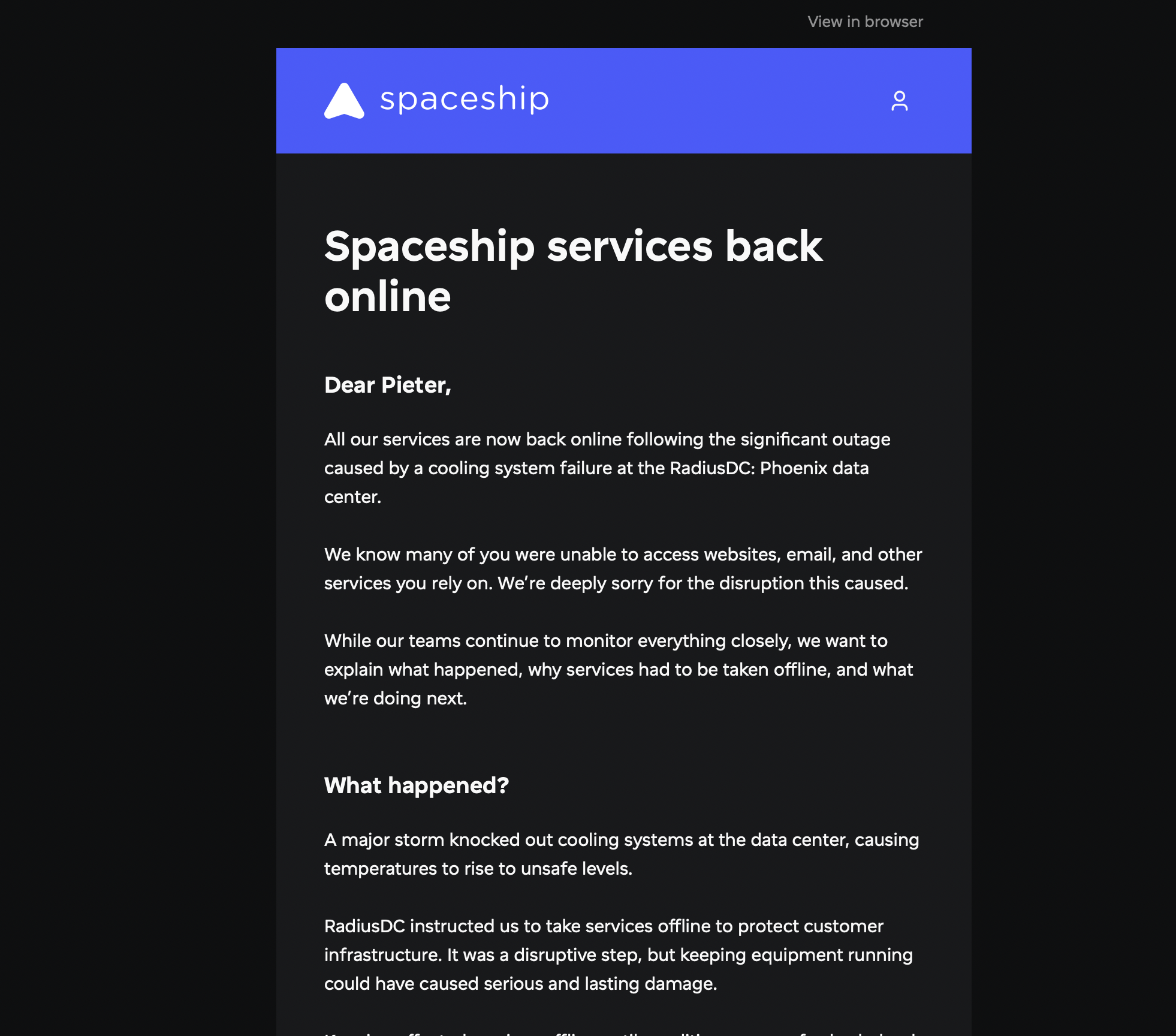 Spacemail outage email apology