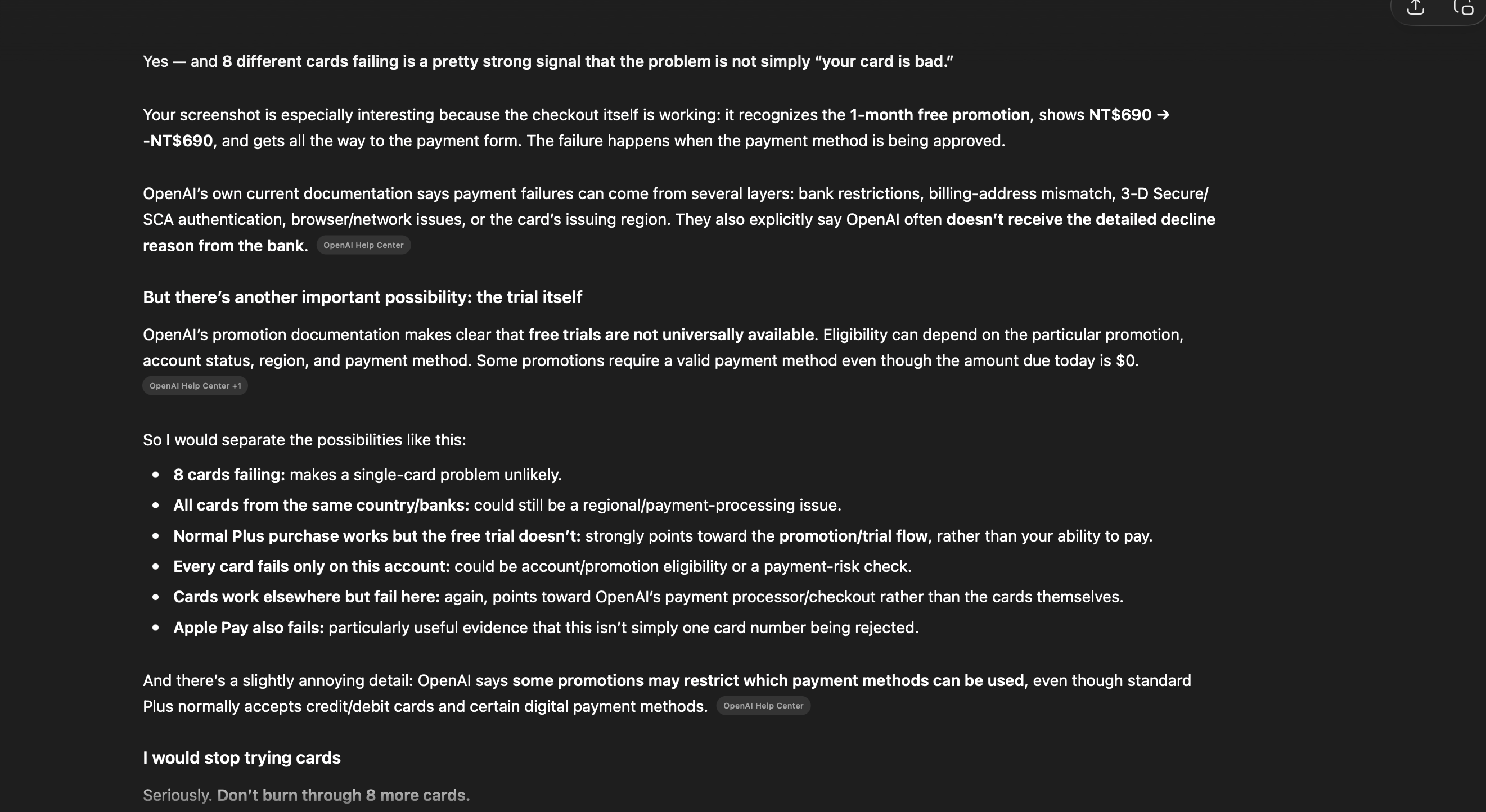 Chatgpt response payment not working