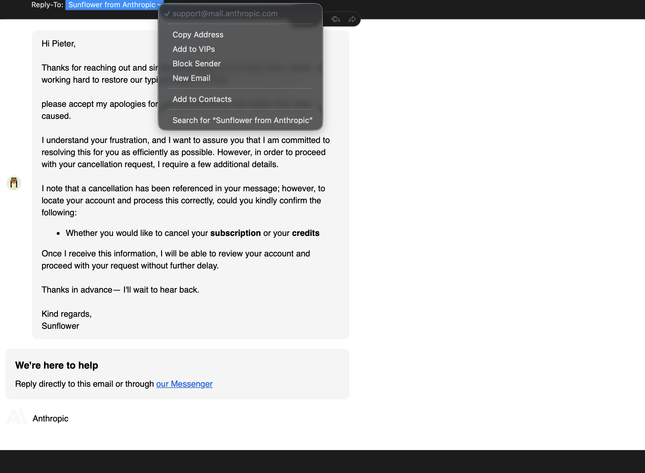 Anthropic email response