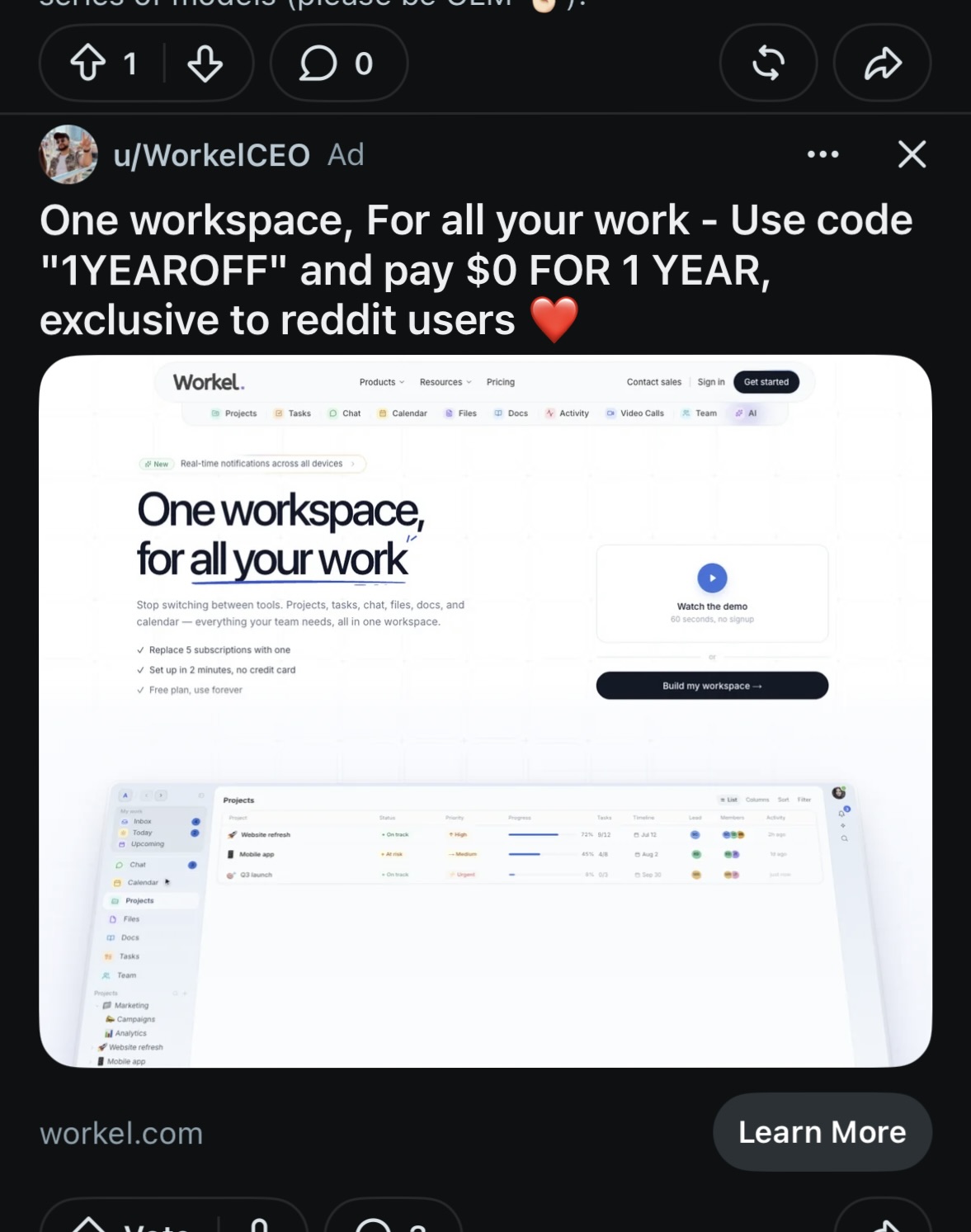 Workel Reddit Ad