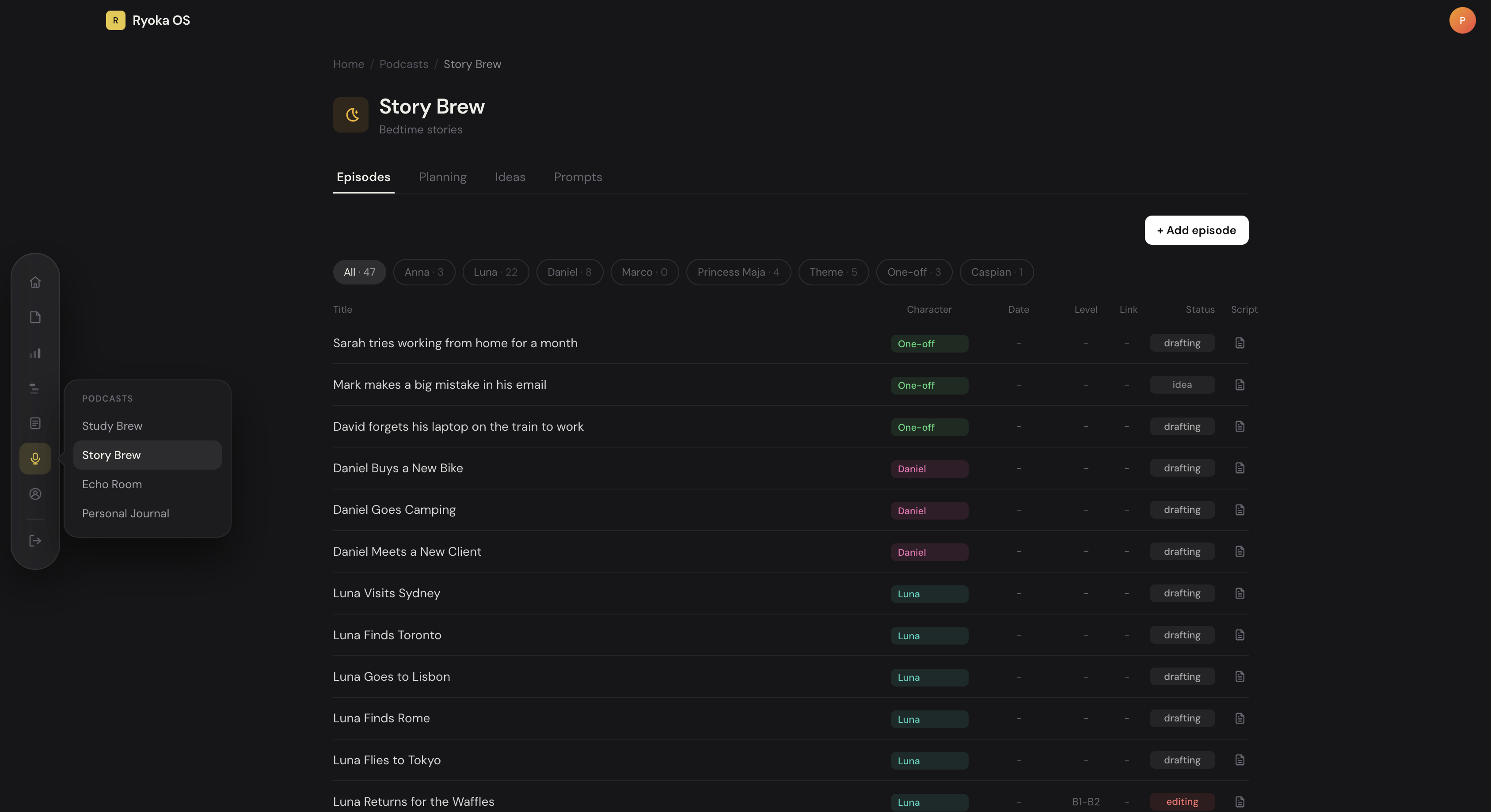 Story brew podcast dashboard