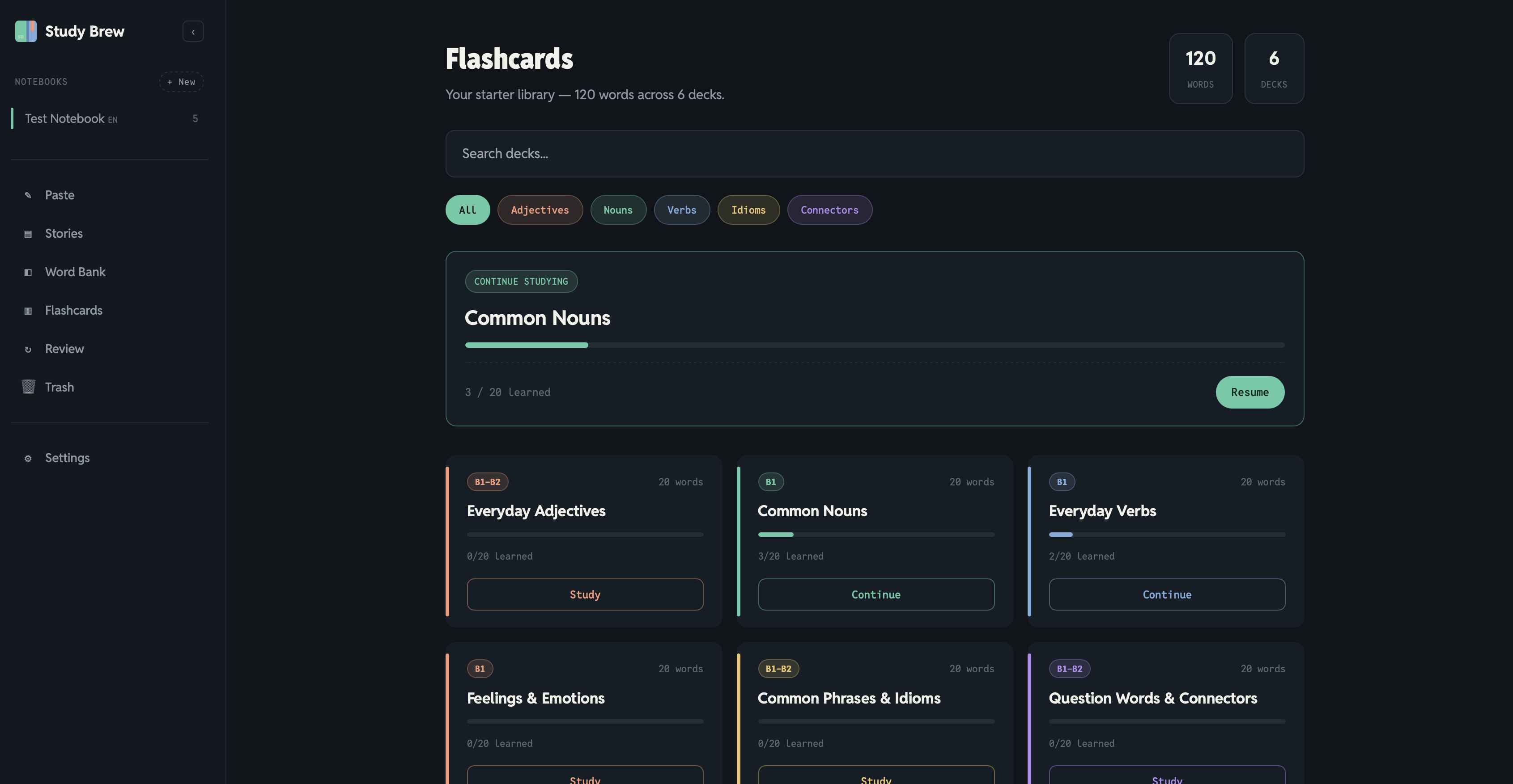 Flashcards example deck dashboard