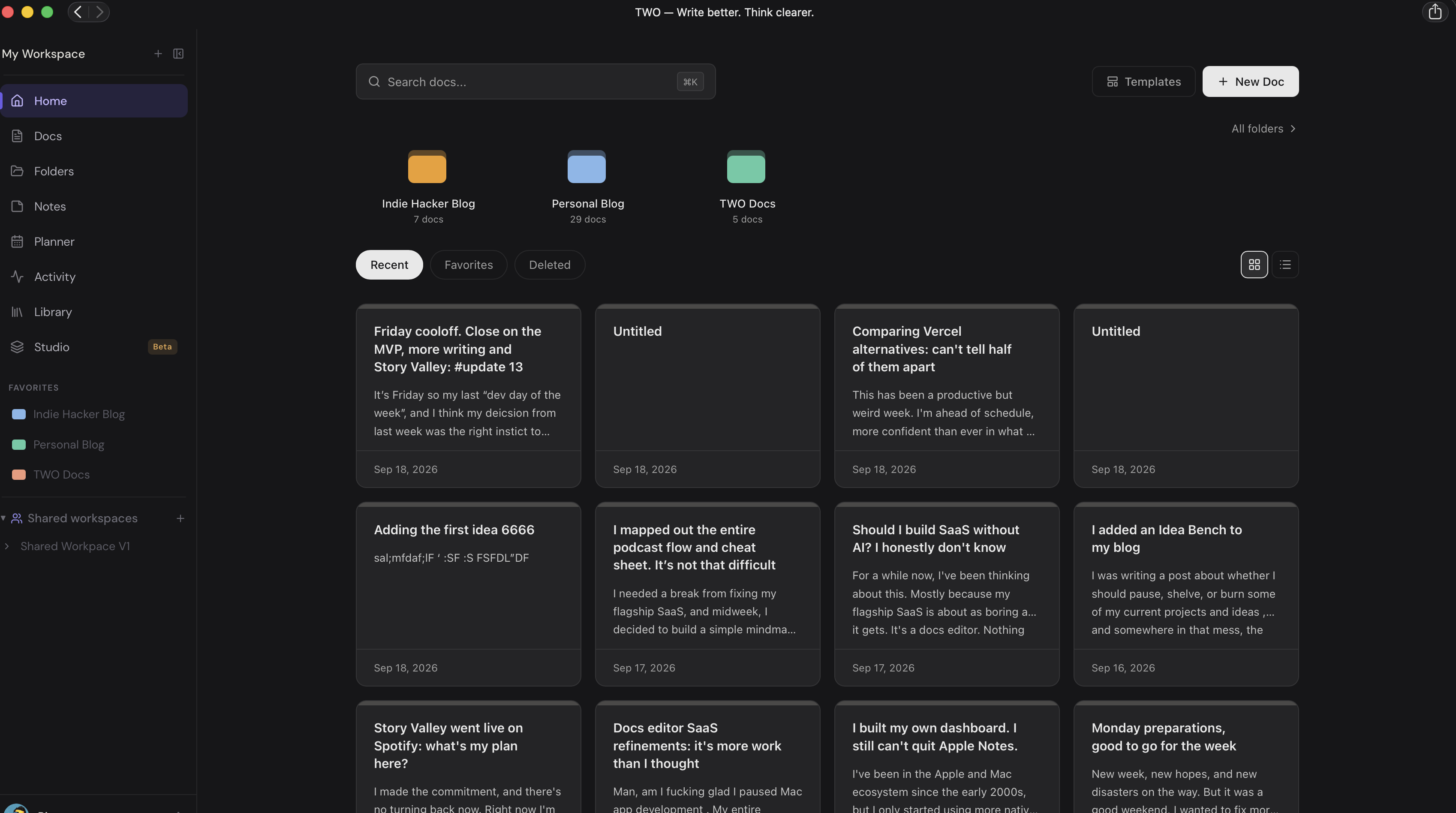 TWO Docs homepage dashboard improvement