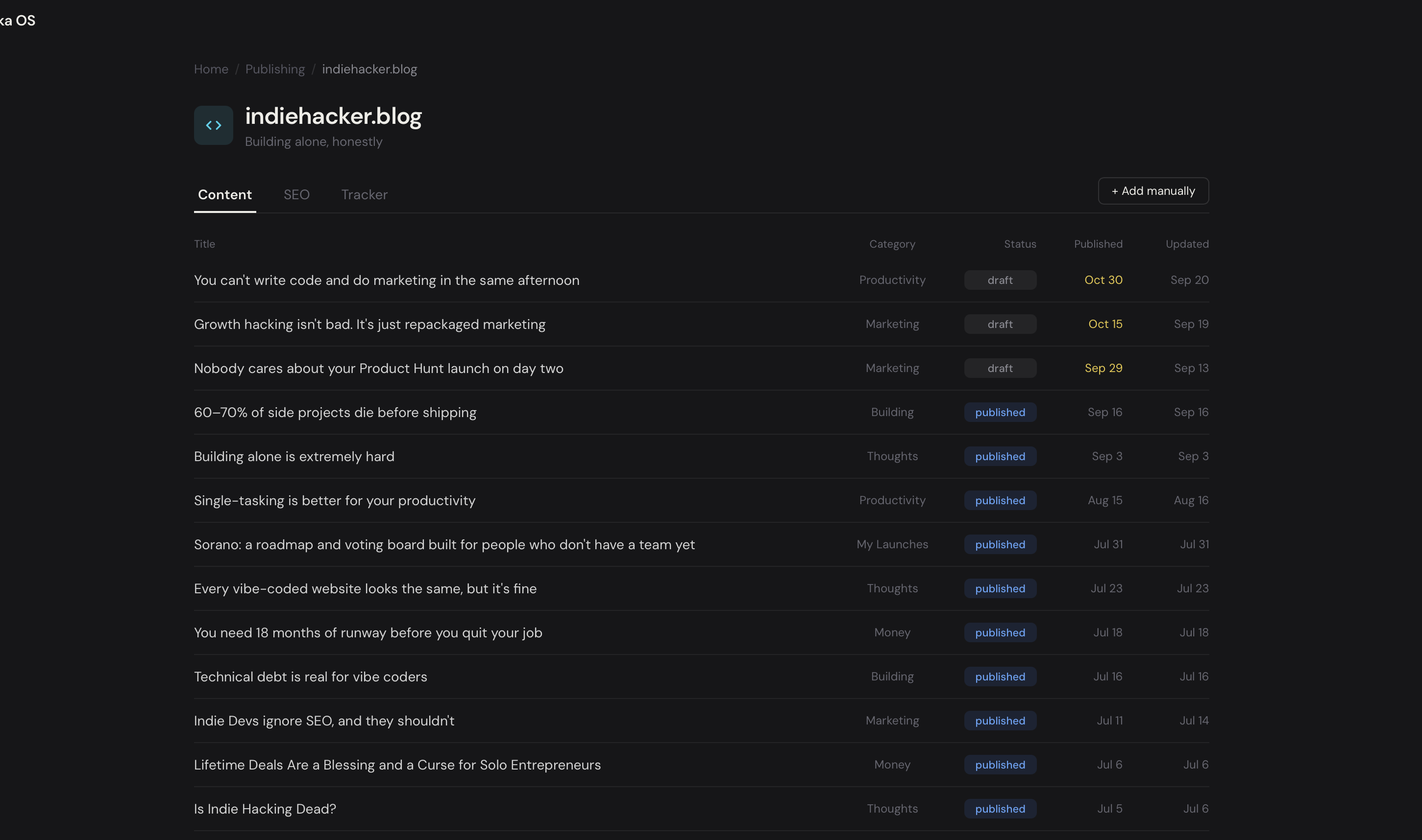 Indiehacker blog content