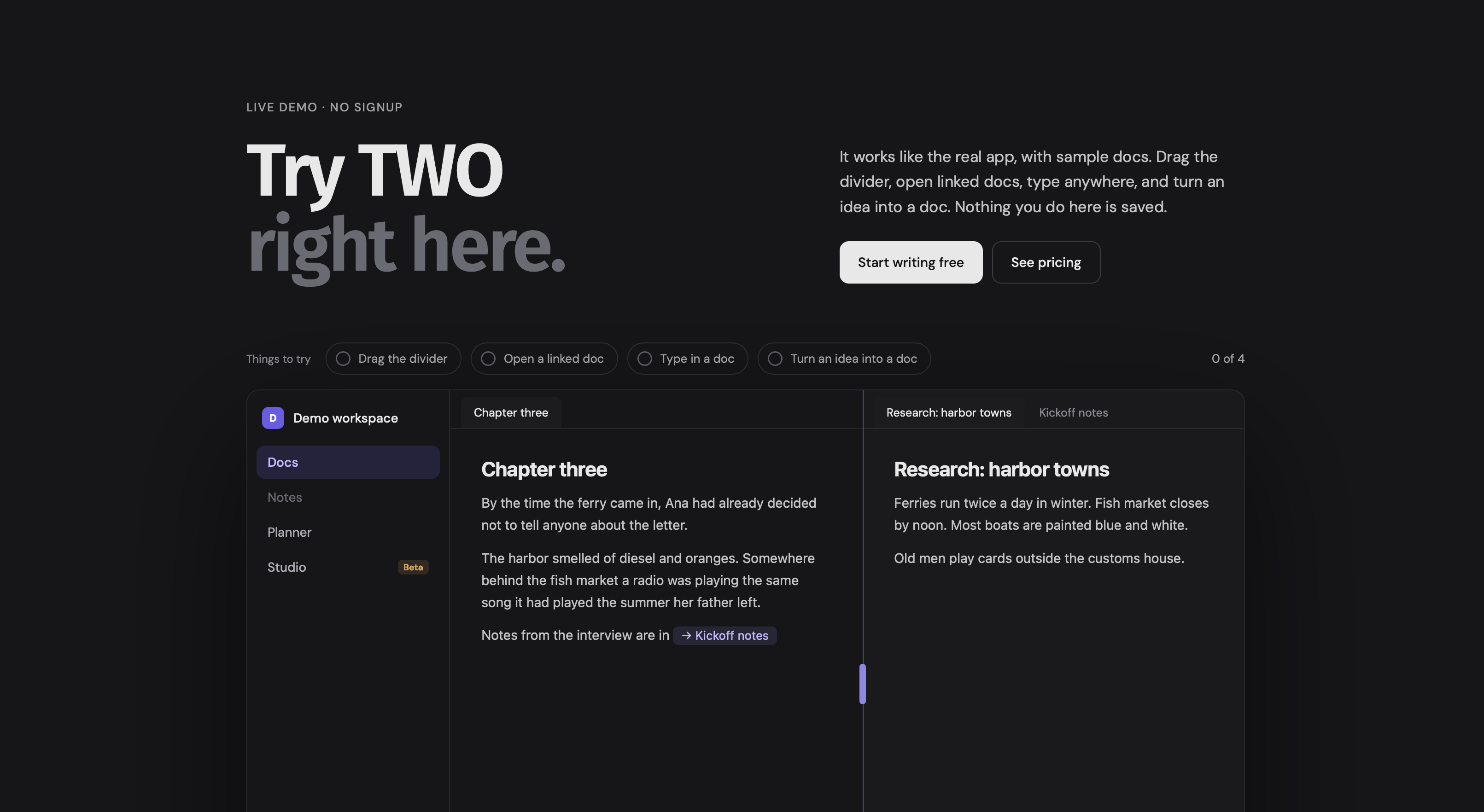TWO Docs demo split view