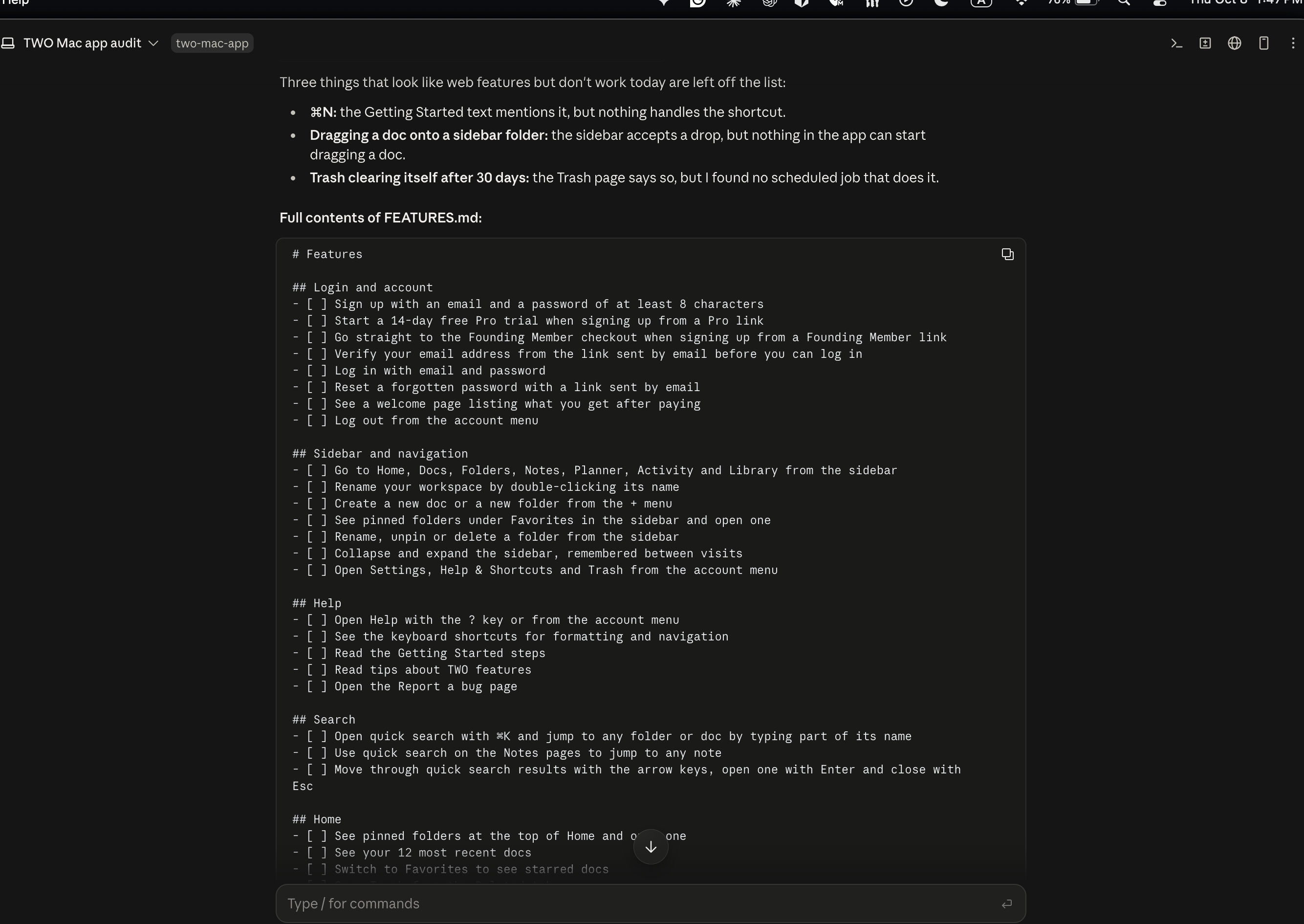 Feature list Mac app TWO