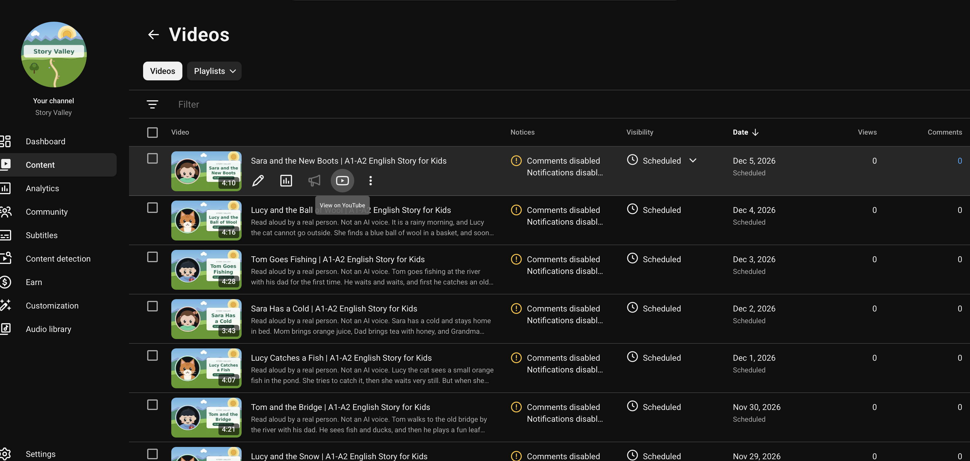 Story valley YouTube Schedule